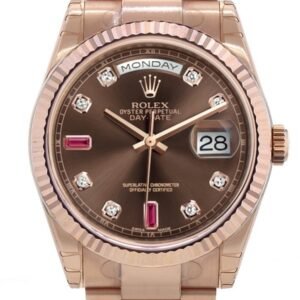Rolex Day-Date 36 Chocolate set with diamonds and rubies Dial Fluted Bezel Oyster Everose Gold Watch 118235