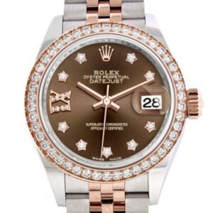 Rolex Datejust 28 Chocolate Large VI Diamonds Dial Diamond Bezel Rose Gold Two Tone Watch 279381RBR 279381