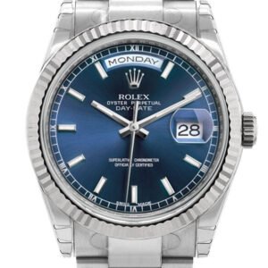Rolex Day-Date 36 Blue Dial Fluted Bezel Oyster White Gold Watch 118239