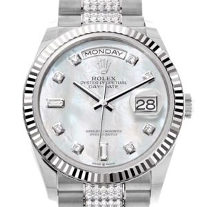 Rolex Day-Date 36 Mother of Pearl Diamond Dial Fluted Bezel White Gold Diamond President Watch 128239